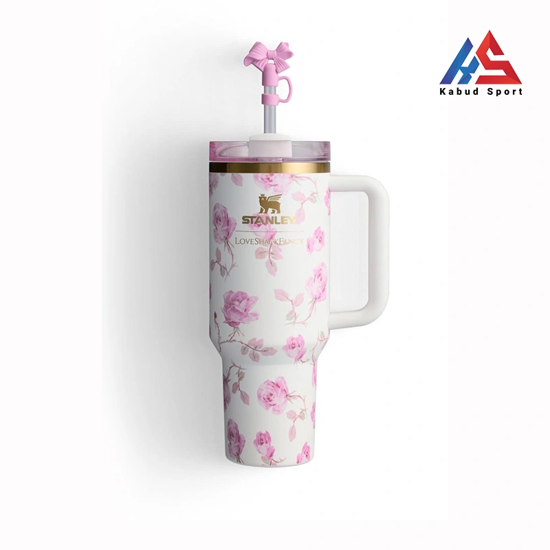 ماگ استنلی مدل Stanley Quencher Tumbler طرح love سفید رز